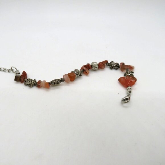 Carnelian Stone Chips Silver Bracelet Sea Turtle Silver Tone Charms - Picture 7 of 7